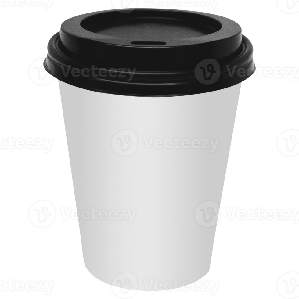 Clean and blank white paper cup for coffee without background. Template for mockup. With black lid png