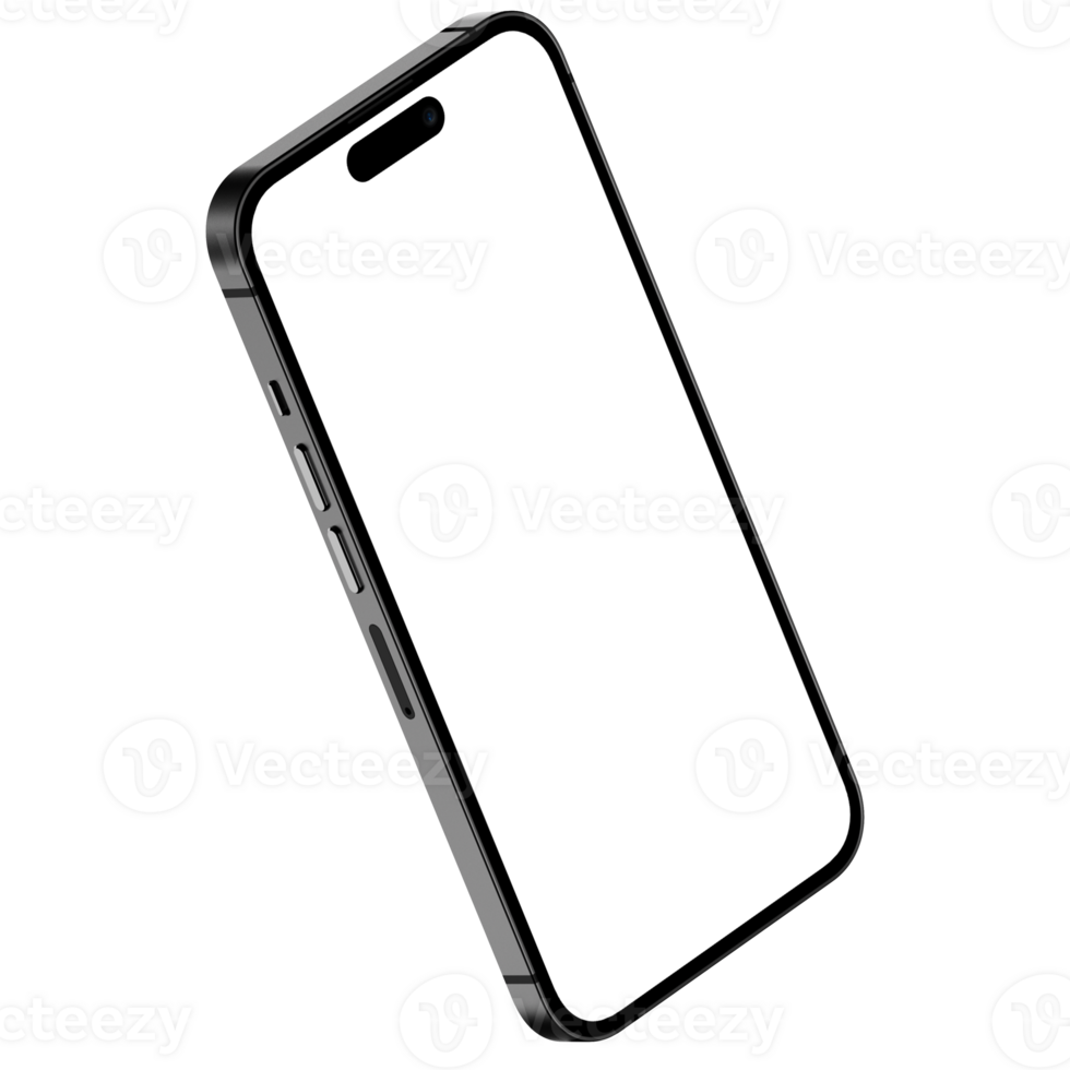 Isometric style photo of black smartphone similar to iphone without background. Template for mockup png
