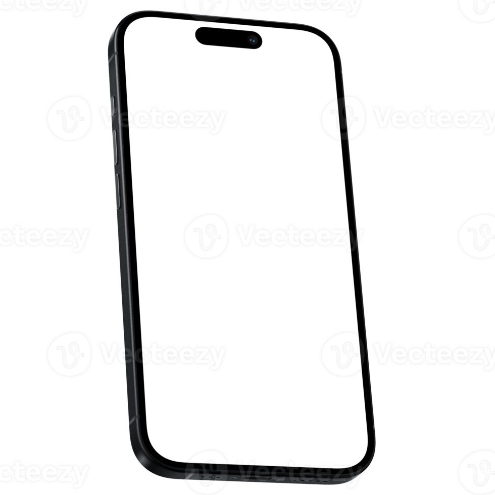 Isometric style photo of black smartphone similar to iphone without background. Template for mockup png