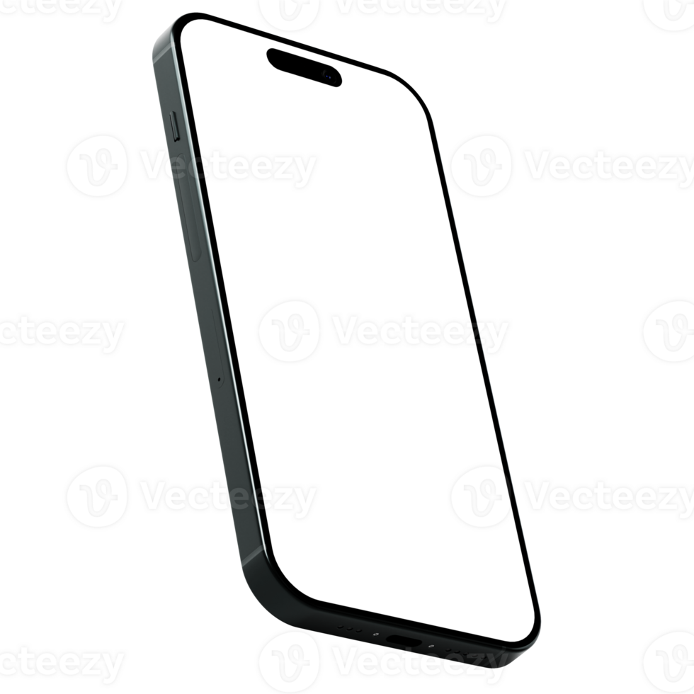 Isometric style photo of black smartphone similar to iphone without background. Template for mockup png