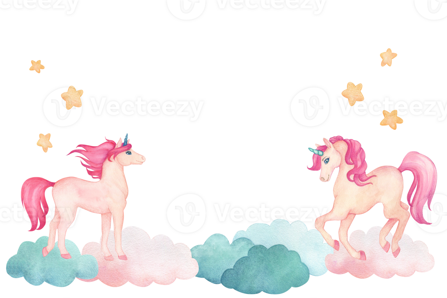 Watercolor rectangular frame with illustration of cute cartoon fairytale pink unicorns , stars and clouds. For decorating children's room, wallpapers, postcards and invitations png