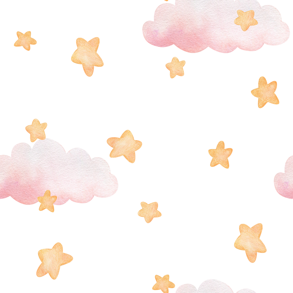 Watercolor seamless pattern with illustration of delicate pink clouds and yellow stars. Handmade, isolated. For children's textiles, wallpaper and clothing png