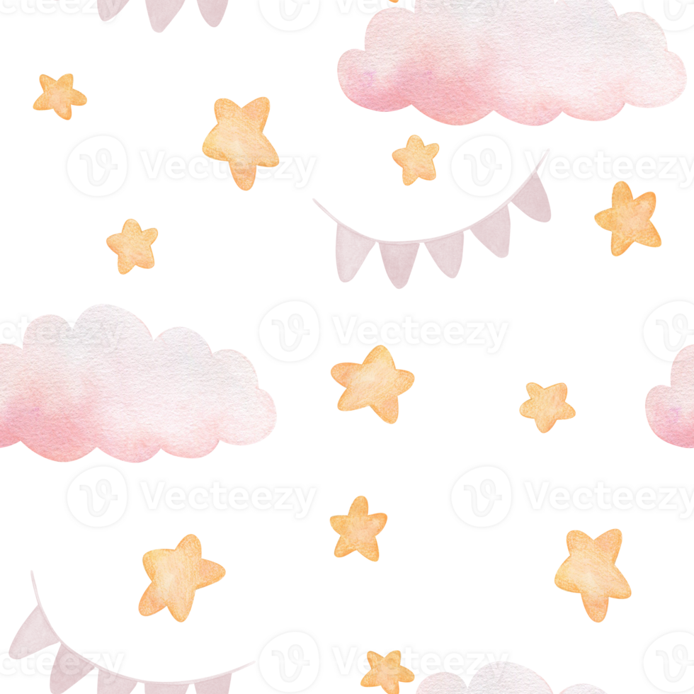 Watercolor seamless pattern with illustration of delicate pink clouds and flags and yellow stars. Handmade, isolated. For children's textiles, wallpaper and clothing png