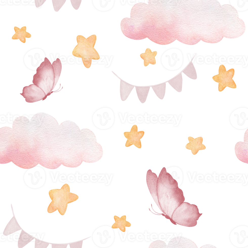 waterverf naadloos patroon met illustratie van delicaat roze wolken, vlinders en vlaggen en geel sterren. handgemaakt, geïsoleerd. voor kinderen textiel, behang en kleding png