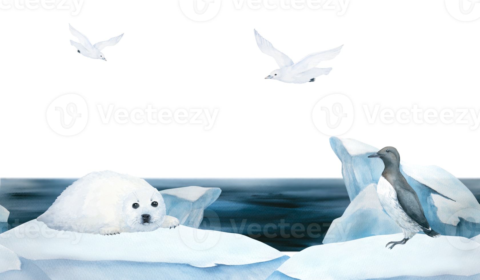 Seamless frame of banner with baby seal, guillemot and seagull watercolor illustration on ice , iceberg and blue sea on background. Horizontal format, for children wallpaper and room decor png