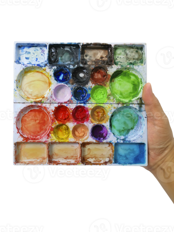 Watercolor palette in hand, transparent background png