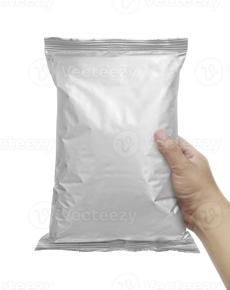Foil food package mockup in hand, transparent background png