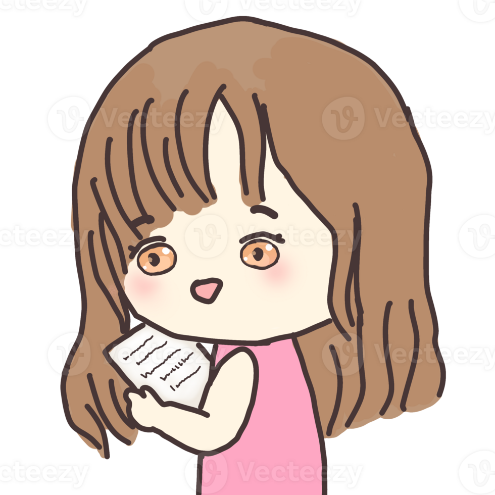 Cute chibi girl with brown hair holds a piece of paper in her hand. png