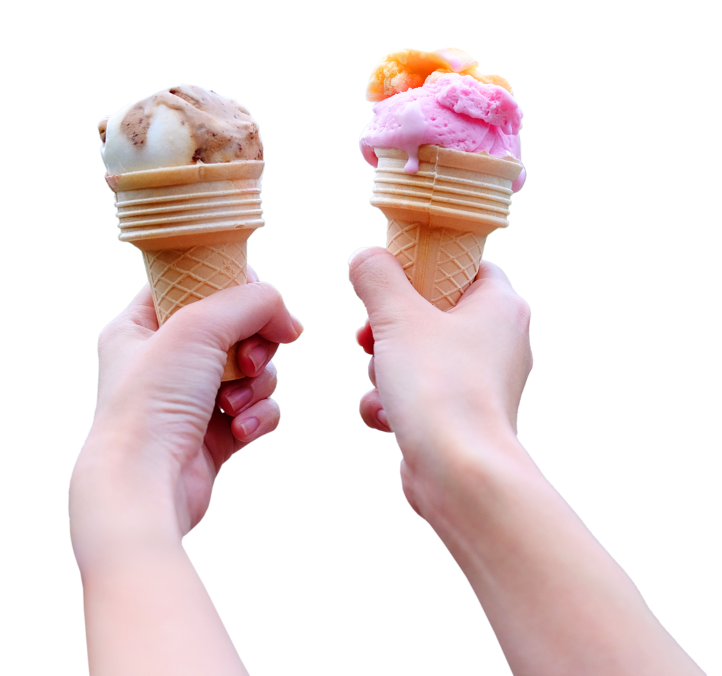 Closed up woman hand holding couple waffle strawberry and chocolate ice cream cone png