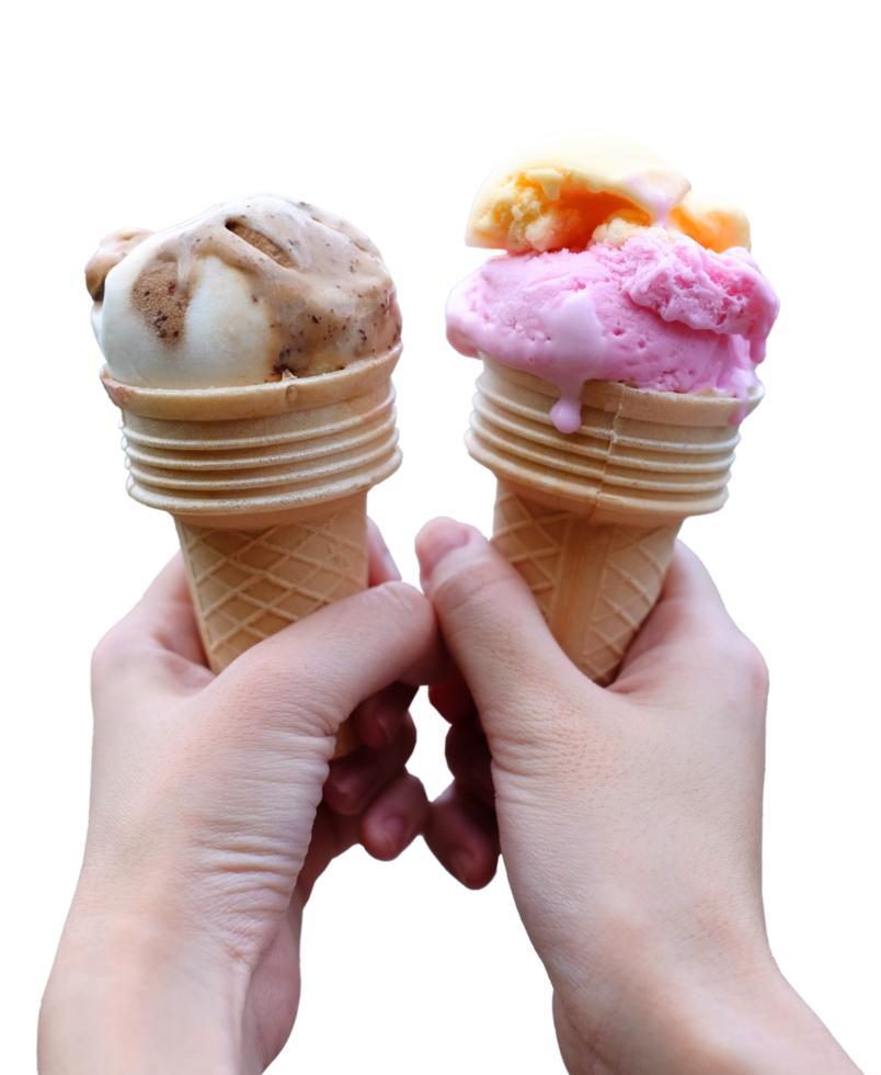 Closed up woman hand holding couple waffle strawberry and chocolate ice cream cone png