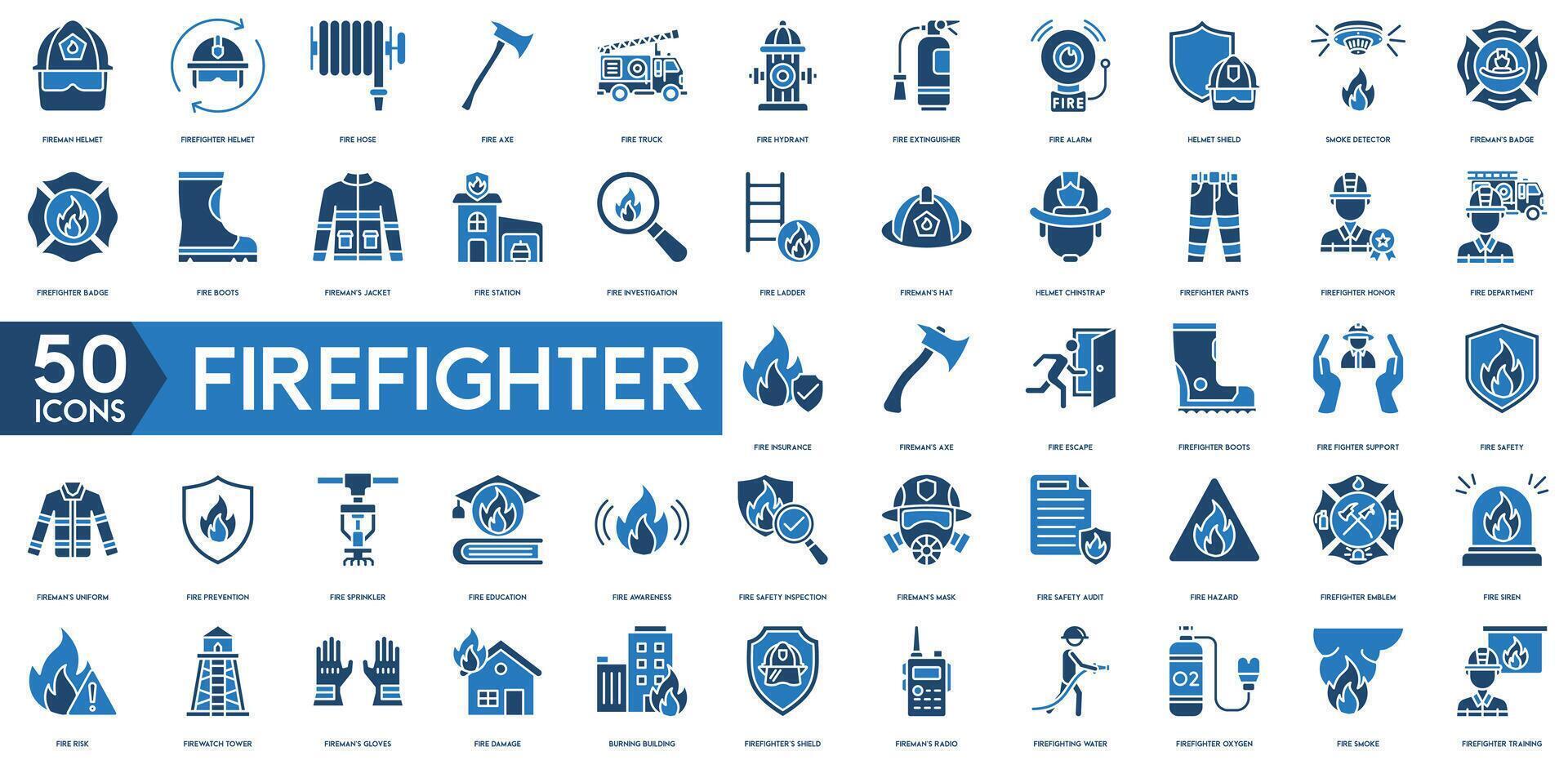 Firefighter icon. Fireman Helmet, Firefighter helmet, Fire Hose, Truck, Fire Hydrant, Fire Extinguisher, Fire Alarm and helmet shield icon. vector