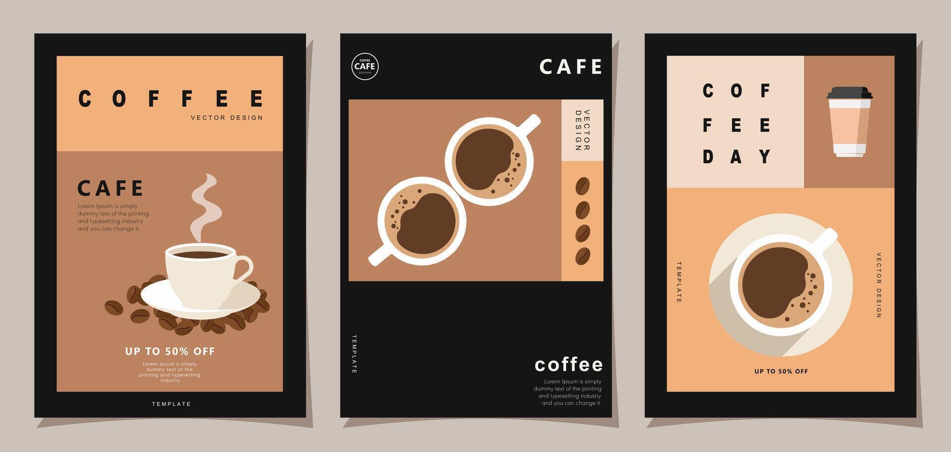 Set of minimal background templates with coffee beans and coffee mug for invitations, cards, banner, brochure, poster, cover, cafe menu or another design. vector