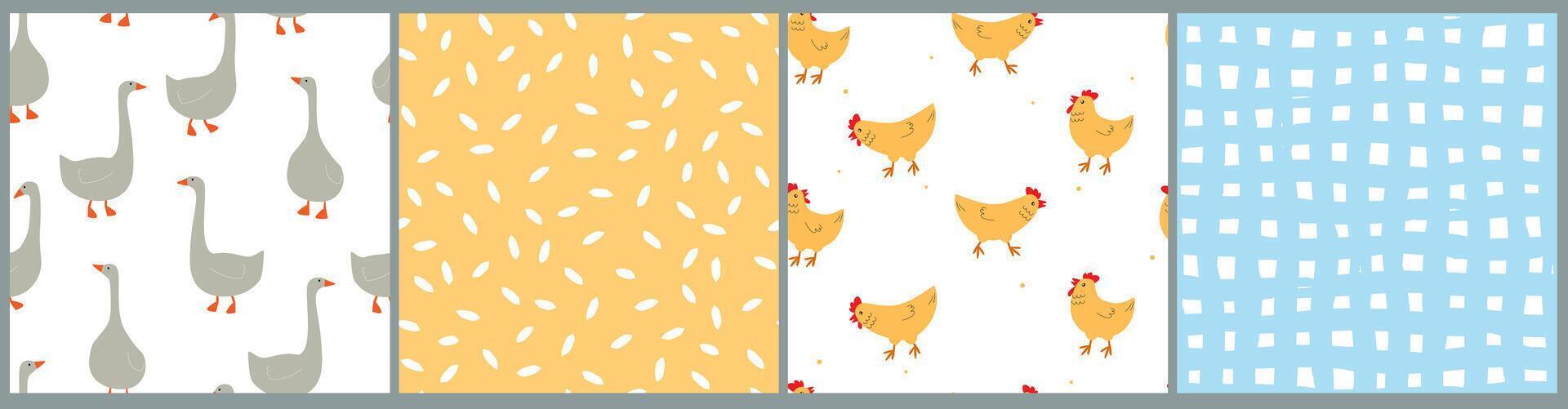 Set of seamless patterns with poultry, geese, chickens, abstract simple shapes, cage. Cute bird print. vector