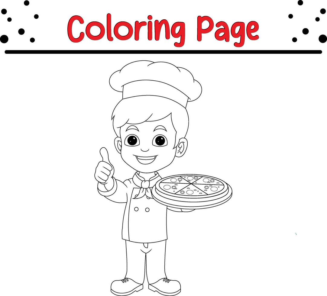 chef boy with pizza coloring book page for kids. vector