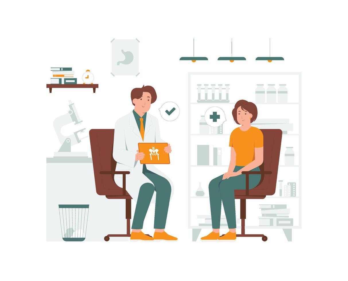 Doctor talking while explaining medical treatment with digital tablet to patient in the consultation, online healthcare concept illustration vector