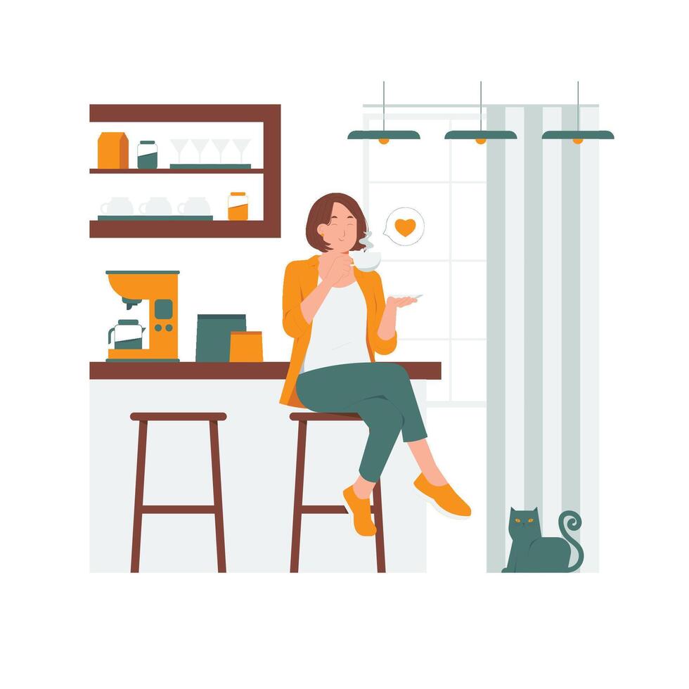 Young happy woman enjoying and drinking fresh aromatic coffee sit chair on the kitchen in the morning, relaxing at home concept illustration vector