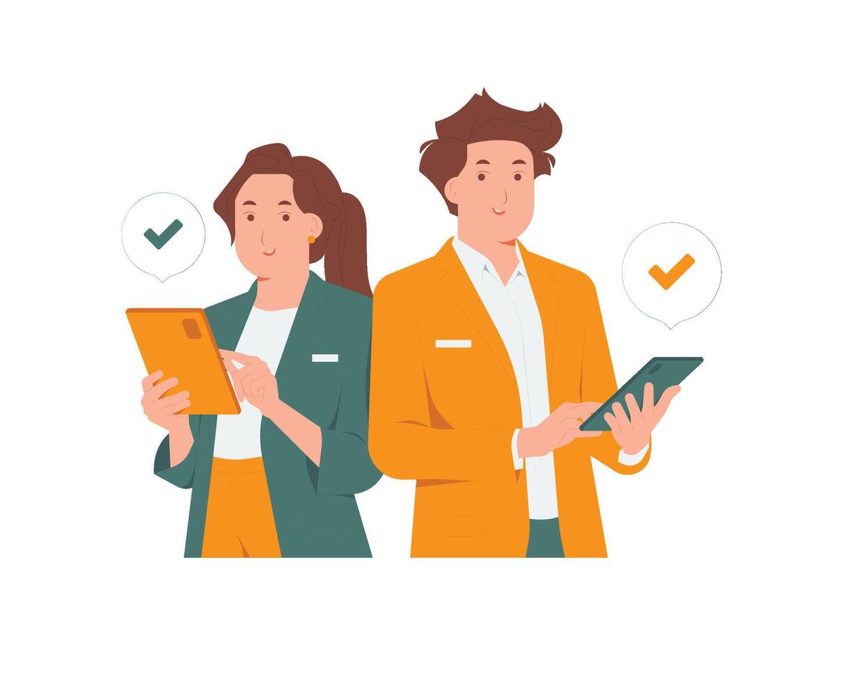Businessman and businesswoman standing proud back to back as partner using tablet, successful team leader concept illustration vector