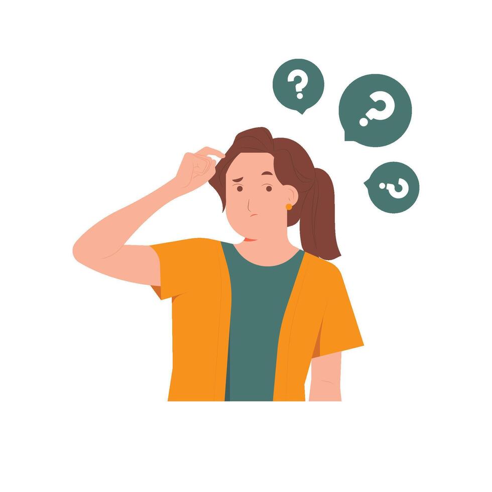 Confused woman worry with uncertain feeling doubtful decision, Thinking with serious thoughtful expression, question mark, dilemma, undecided concept illustration vector