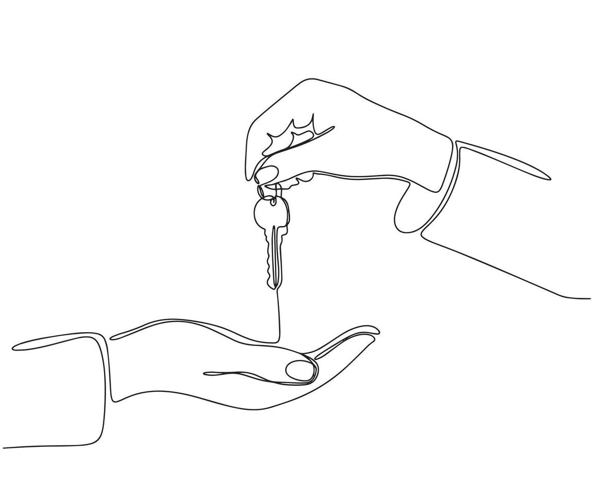 Housing rental concept, one line continuous. Two hands and key line art view. Hand drawn art. vector