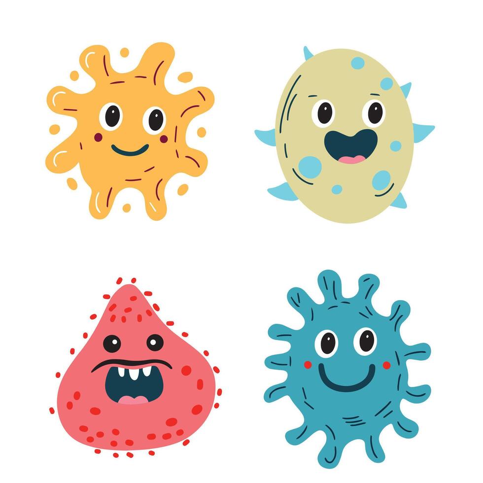 Set of cute microbes characters in flat style. Hand drawn art. vector