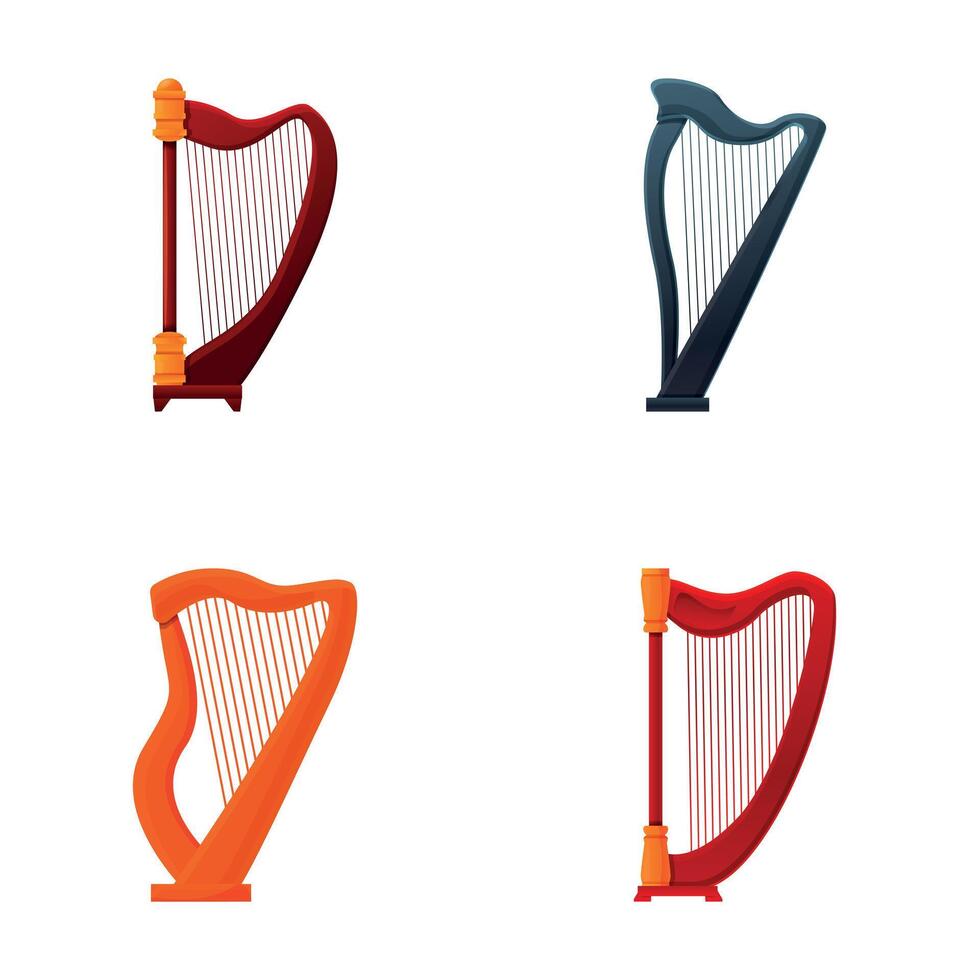 Wooden harp icons set cartoon . Historical stringed musical instrument vector