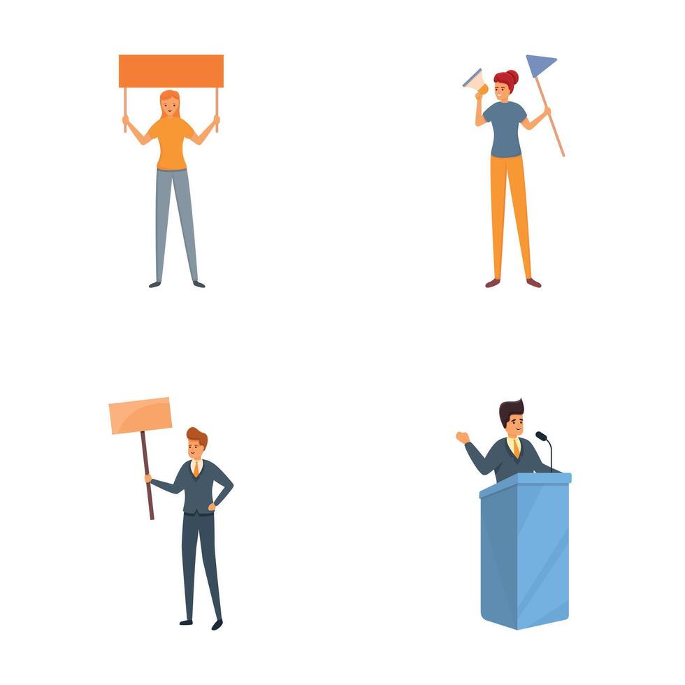 Politician speaker icons set cartoon . Candidate speech from tribune vector