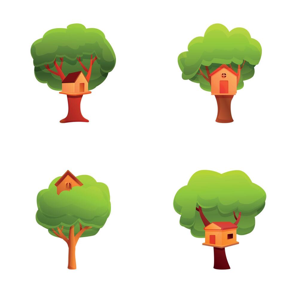 Children house icons set cartoon . Cozy building on wood branch in garden vector