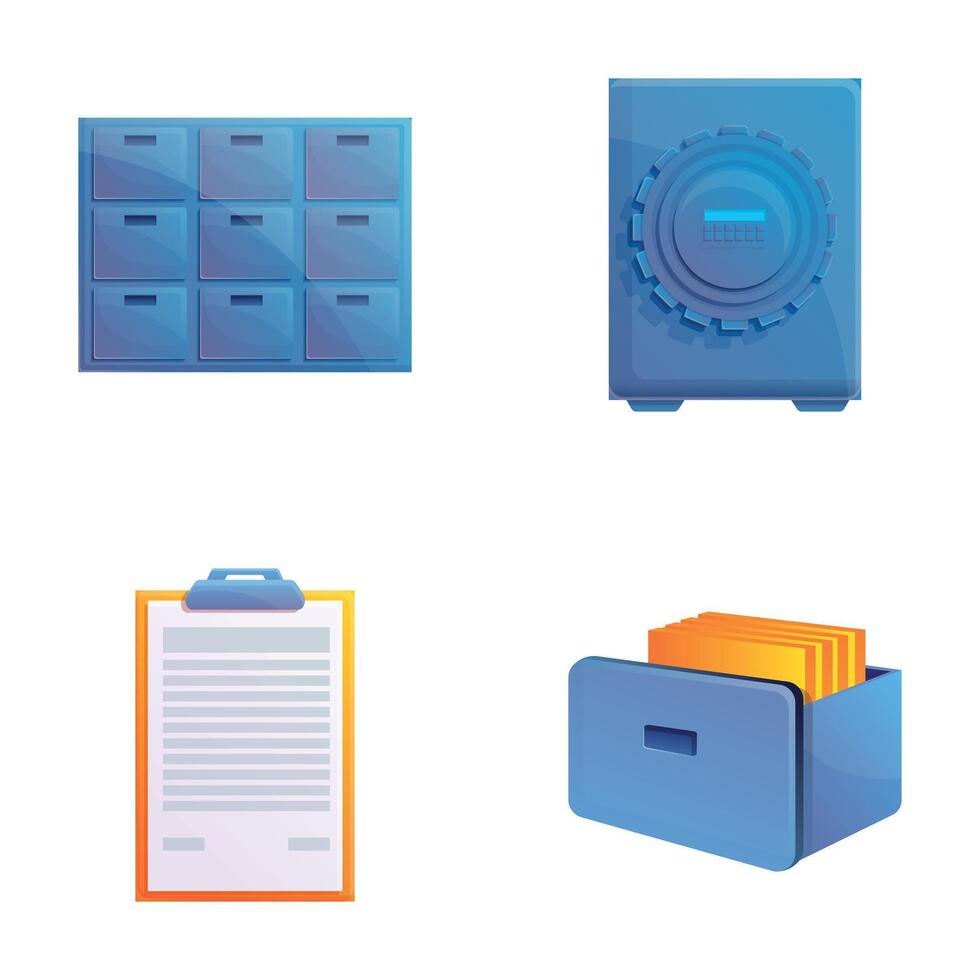 Office equipment icons set cartoon . Paperwork and archival data storage vector