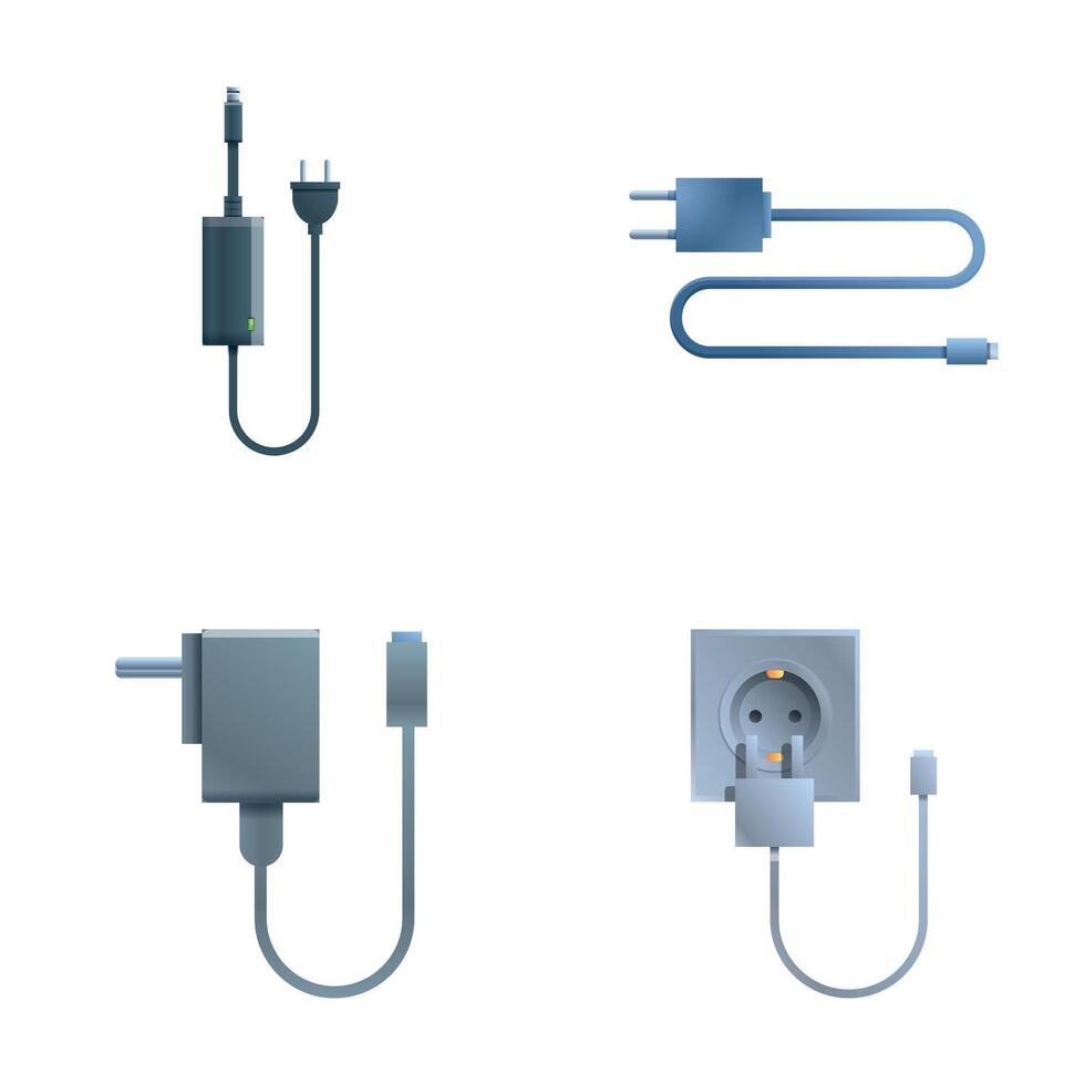 Cellphone charger icons set cartoon . Various type of modern charger vector