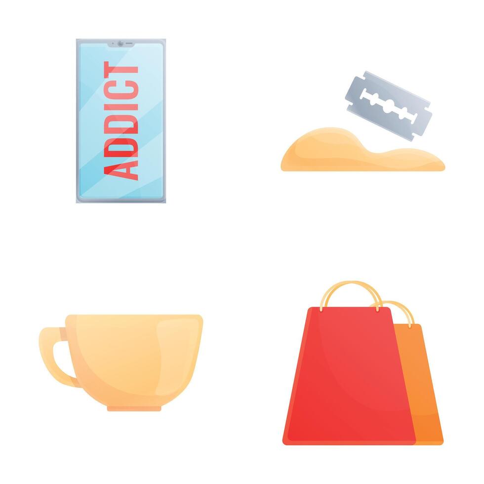 Dependence icons set cartoon . Coffee mania shopping and nomophobia vector