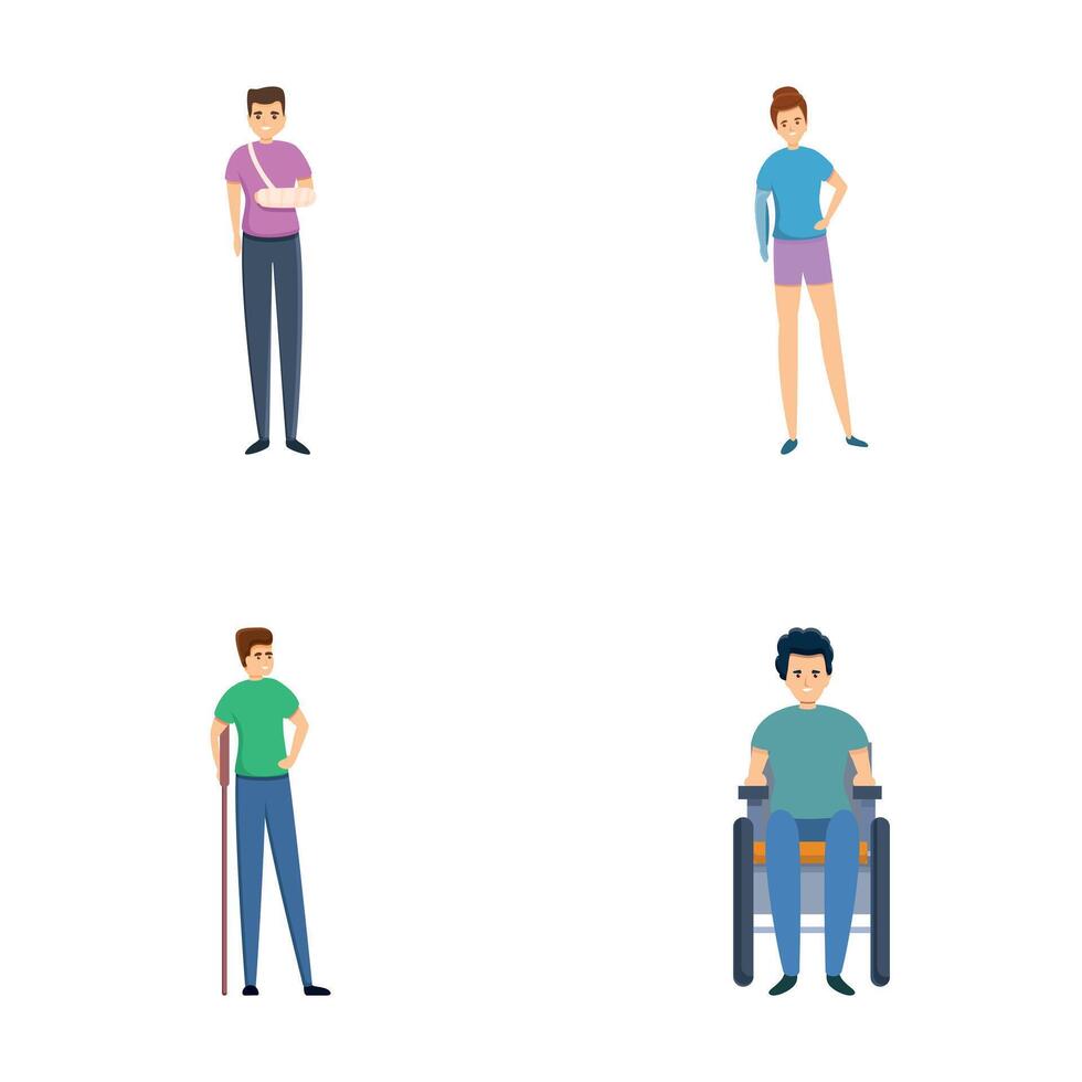Disabled character icons set cartoon . Men and women with special needs vector