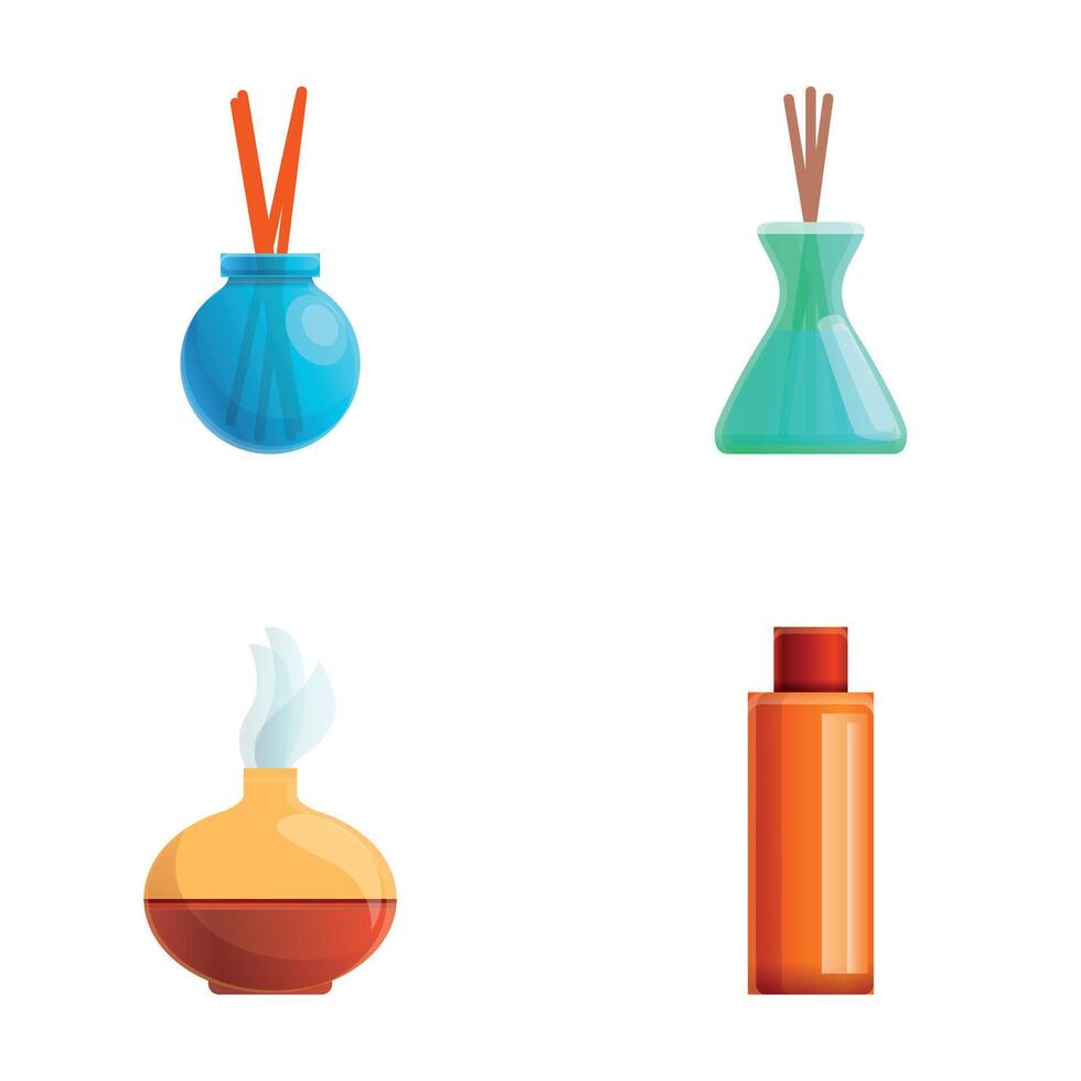 Home accessory icons set cartoon . Incense stick and aroma lamp vector