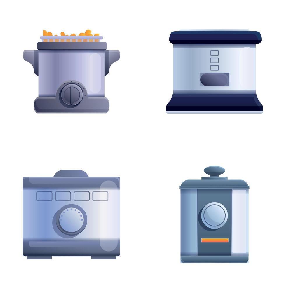 Air fryer icons set cartoon . Various modern deep fat fryer vector