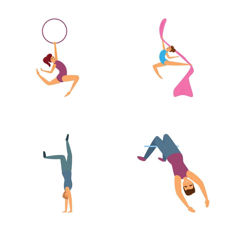 Calisthenics icons set cartoon . Beautiful girl doing rhythmic gymnastics vector