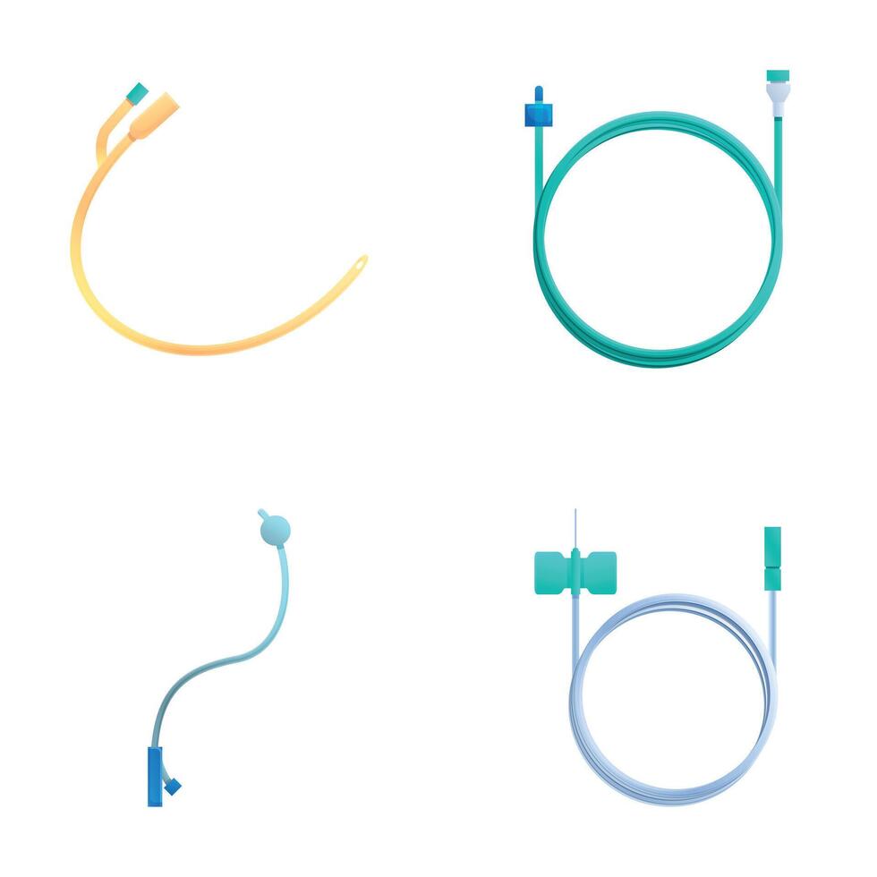 Catheter icons set cartoon . Various type of medical catheter vector