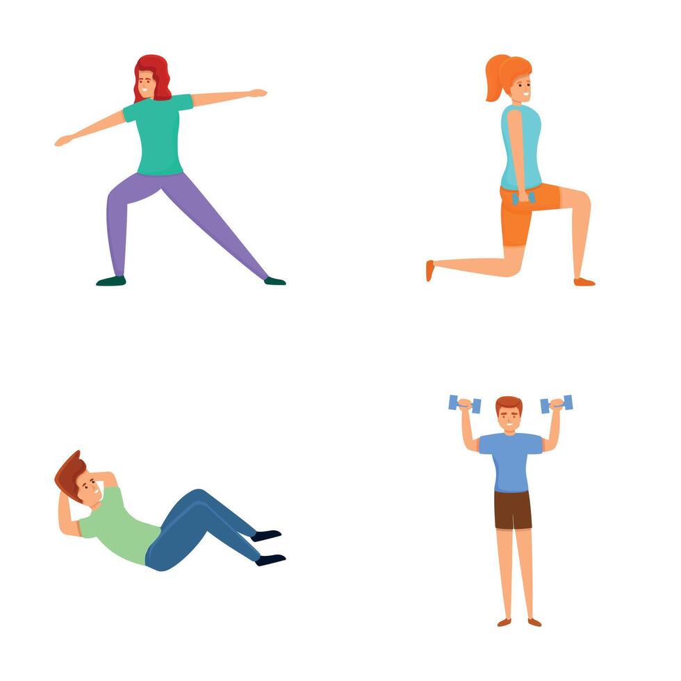 Fitness activity icons set cartoon . People doing sport exercise vector