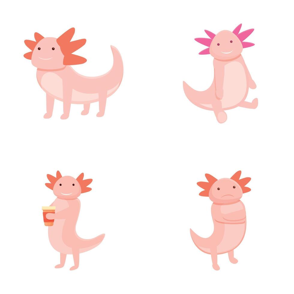 Pink axolotl icons set cartoon . Cute cartoon axolotl vector