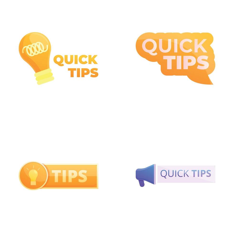 Tips icons set cartoon . Quick tips badge emblem label and sticker vector