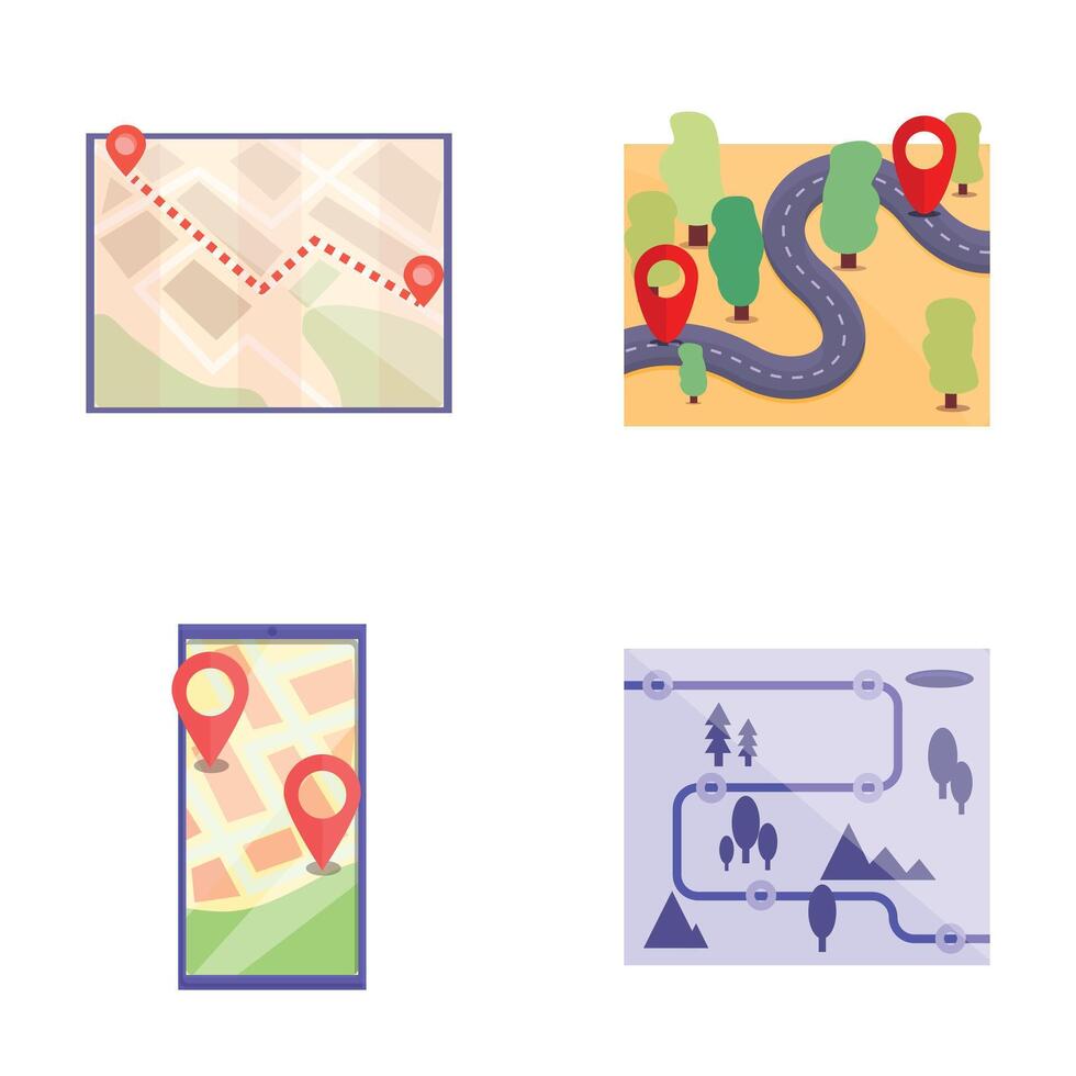 Gps navigation icons set cartoon . Various navigation map on device screen vector