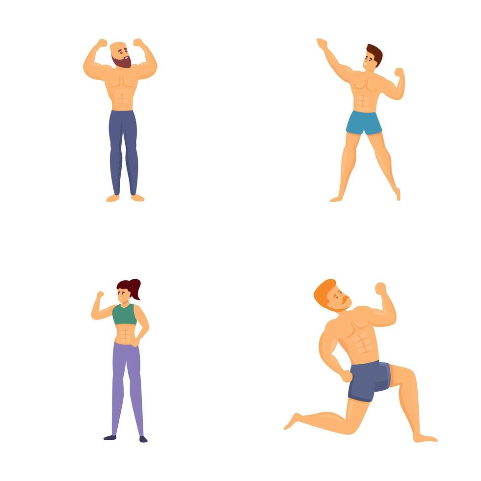 Body building icons set cartoon . Man and woman during training vector