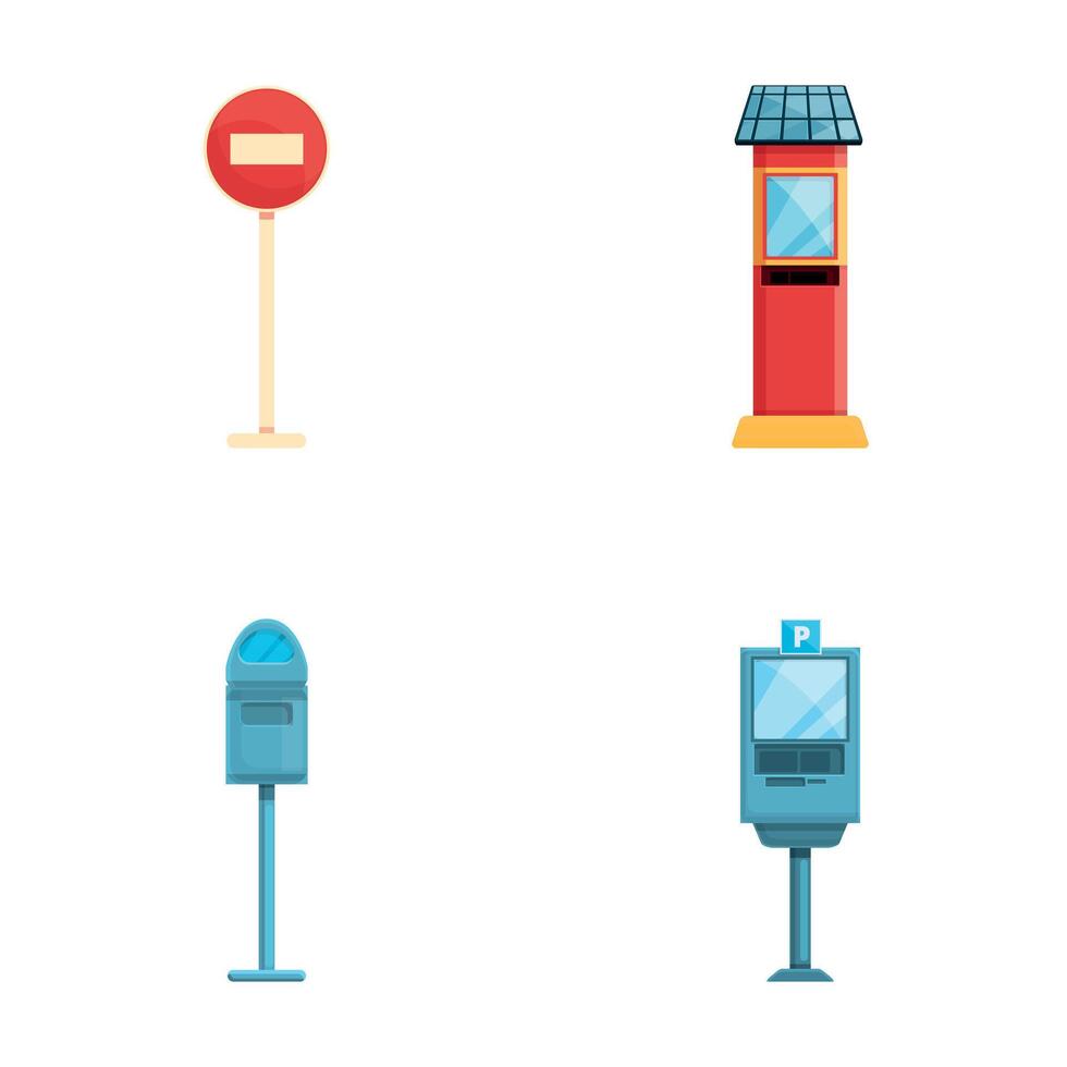 Parking icons set cartoon . Urban car parking equipment vector