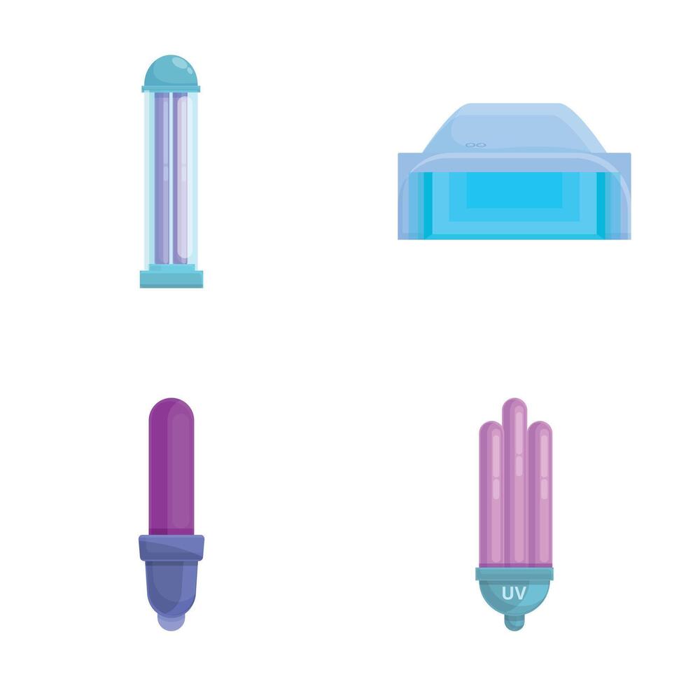 Ultraviolet lamp icons set cartoon . Various luminous lamp with uv ray vector