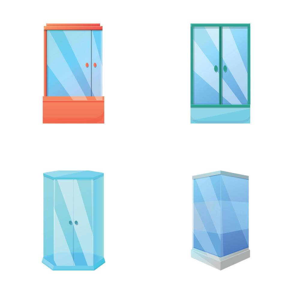 Clear door icons set cartoon . Various transparent glass door vector