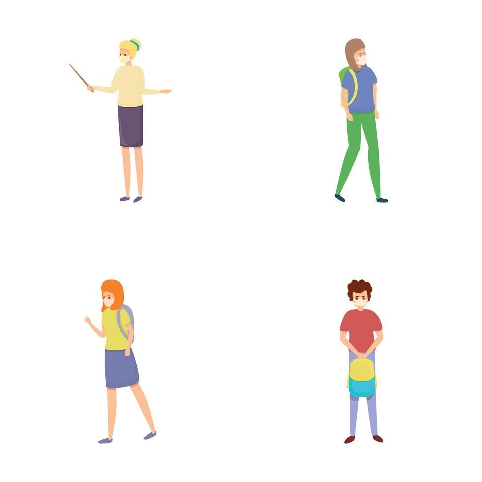 Pandemic education icons set cartoon . Teacher and student in face mask vector