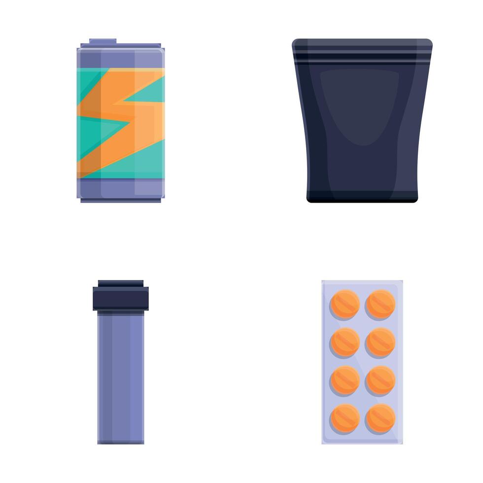 Fitness food icons set cartoon . Sport nutrition and energy drink vector