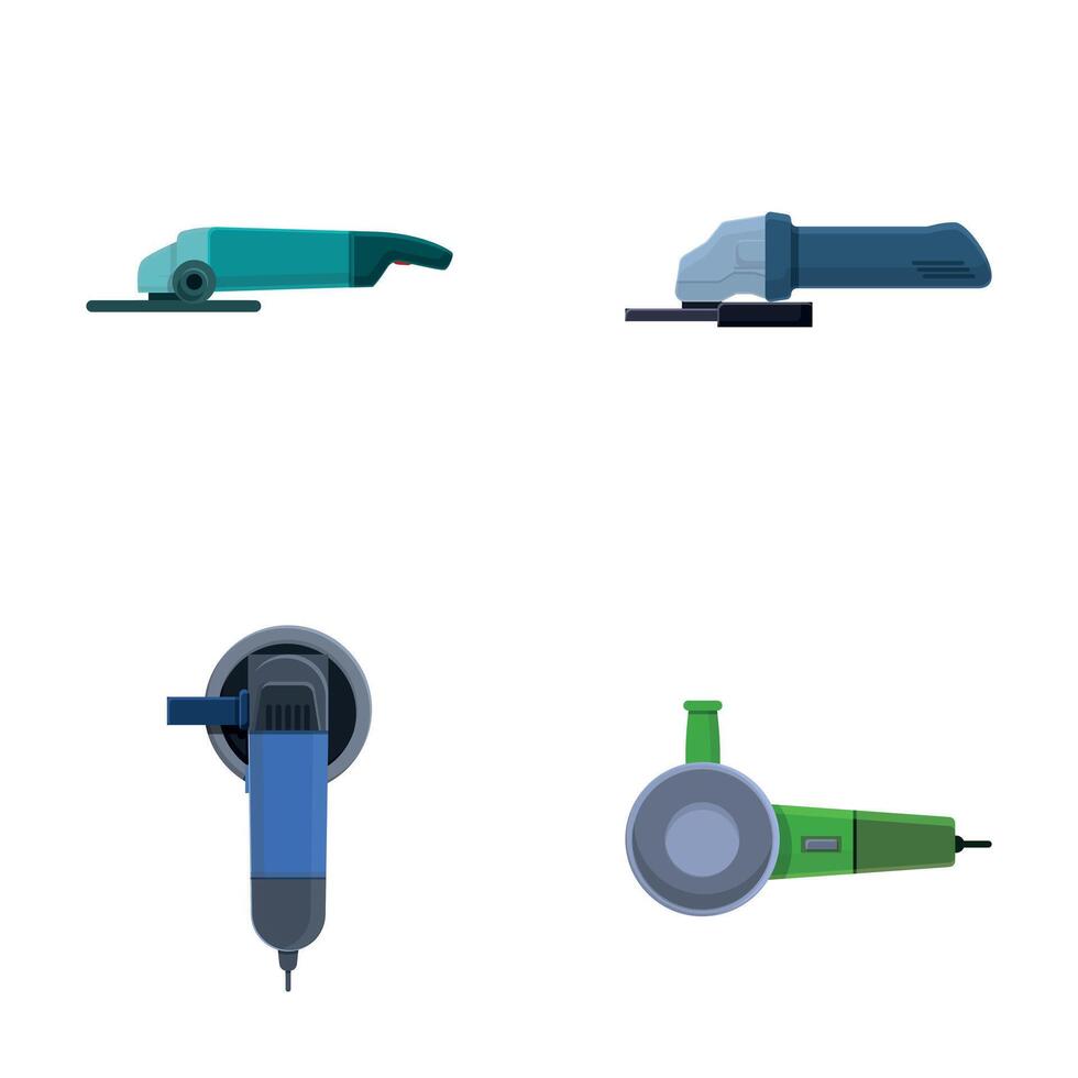Portable grinder icons set cartoon . Various grinding machine vector