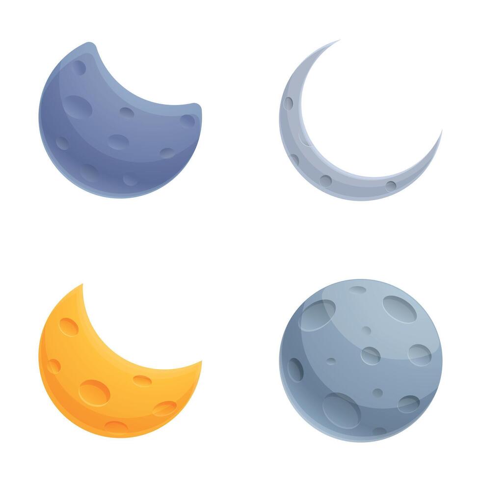 Crescent moon icons set cartoon . Various moon shape vector