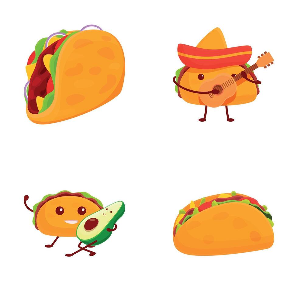 Taco character icons set cartoon . Cute cartoon fast food tacos vector