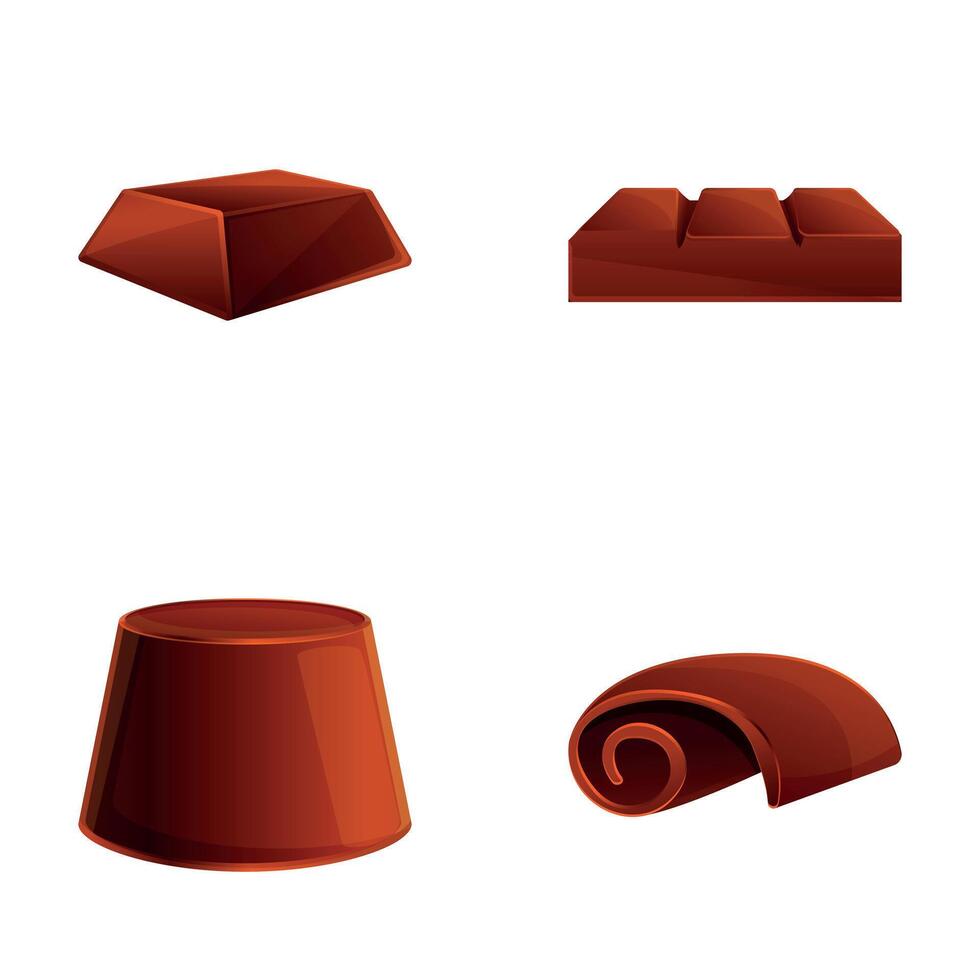 Chocolate product icons set cartoon . Chocolate piece and candy vector