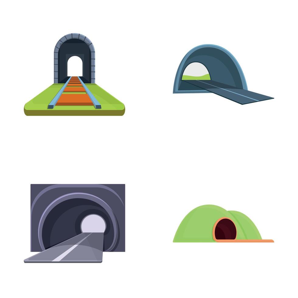 Road tunnel icons set cartoon . Interior of walkway tunnel road vector